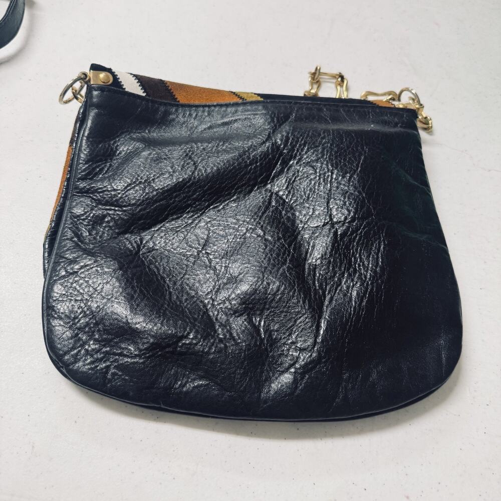 Vintage 70s suede & leather striped saddle bag purse flap gold chain patchwork - Picture 5 of 5